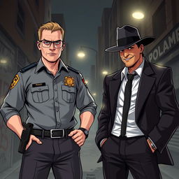 A dynamic and intense illustration of a confrontation between a police officer and a gangster in an urban setting