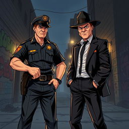 A dynamic and intense illustration of a confrontation between a police officer and a gangster in an urban setting