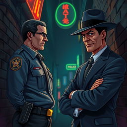 An evocative illustration of a confrontation between a police officer and a mafia member in a dark, atmospheric alleyway