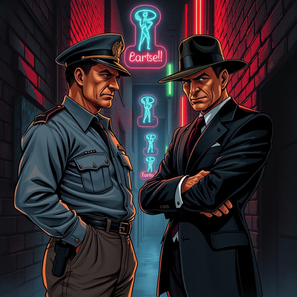 An evocative illustration of a confrontation between a police officer and a mafia member in a dark, atmospheric alleyway