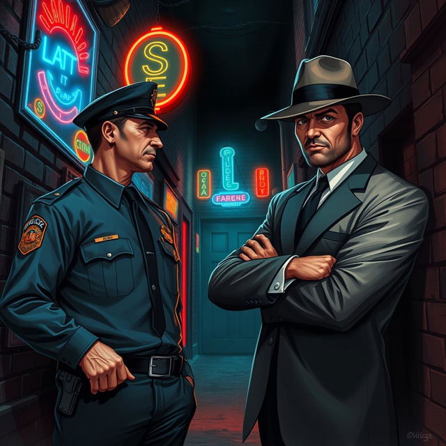 An evocative illustration of a confrontation between a police officer and a mafia member in a dark, atmospheric alleyway