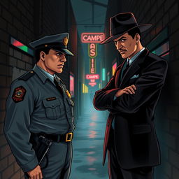 An evocative illustration of a confrontation between a police officer and a mafia member in a dark, atmospheric alleyway