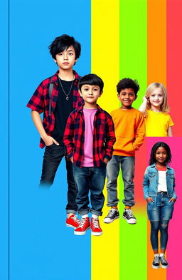 A vibrant cover design featuring a split-color layout divided into seven sections: blue, purple, green, yellow, orange, red, and pink