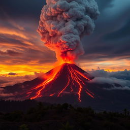 An epic scene of Mount Tambora erupting, showcasing a massive ash cloud billowing into the sky, vibrant hues of orange and red from the molten lava flowing down the sides of the volcano, and a dramatic landscape surrounding the mountain with dark skies filled with ash and smoke