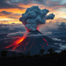 An epic scene of Mount Tambora erupting, showcasing a massive ash cloud billowing into the sky, vibrant hues of orange and red from the molten lava flowing down the sides of the volcano, and a dramatic landscape surrounding the mountain with dark skies filled with ash and smoke