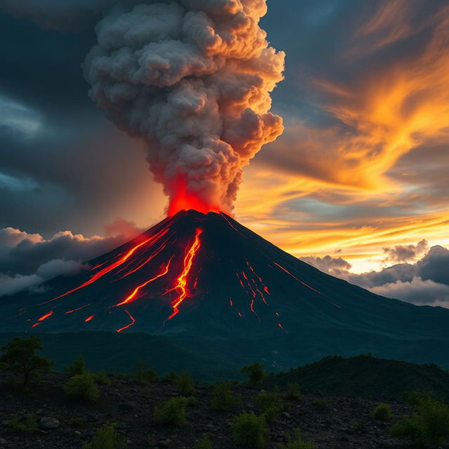 An epic scene of Mount Tambora erupting, showcasing a massive ash cloud billowing into the sky, vibrant hues of orange and red from the molten lava flowing down the sides of the volcano, and a dramatic landscape surrounding the mountain with dark skies filled with ash and smoke