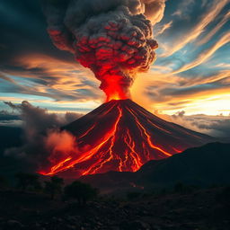 An epic scene of Mount Tambora erupting, showcasing a massive ash cloud billowing into the sky, vibrant hues of orange and red from the molten lava flowing down the sides of the volcano, and a dramatic landscape surrounding the mountain with dark skies filled with ash and smoke