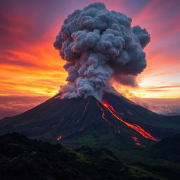A dramatic and powerful image of Mount Tambora erupting, showcasing a massive ash cloud billowing into a vibrant sky at sunset