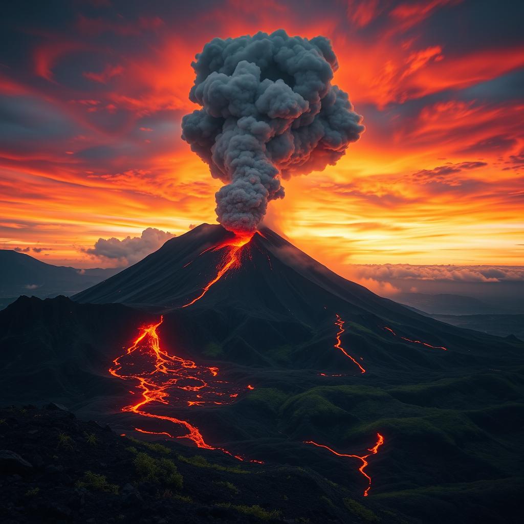 A dramatic and powerful image of Mount Tambora erupting, showcasing a massive ash cloud billowing into a vibrant sky at sunset