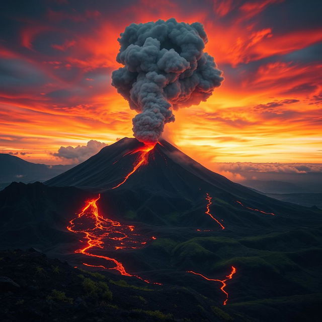 A dramatic and powerful image of Mount Tambora erupting, showcasing a massive ash cloud billowing into a vibrant sky at sunset