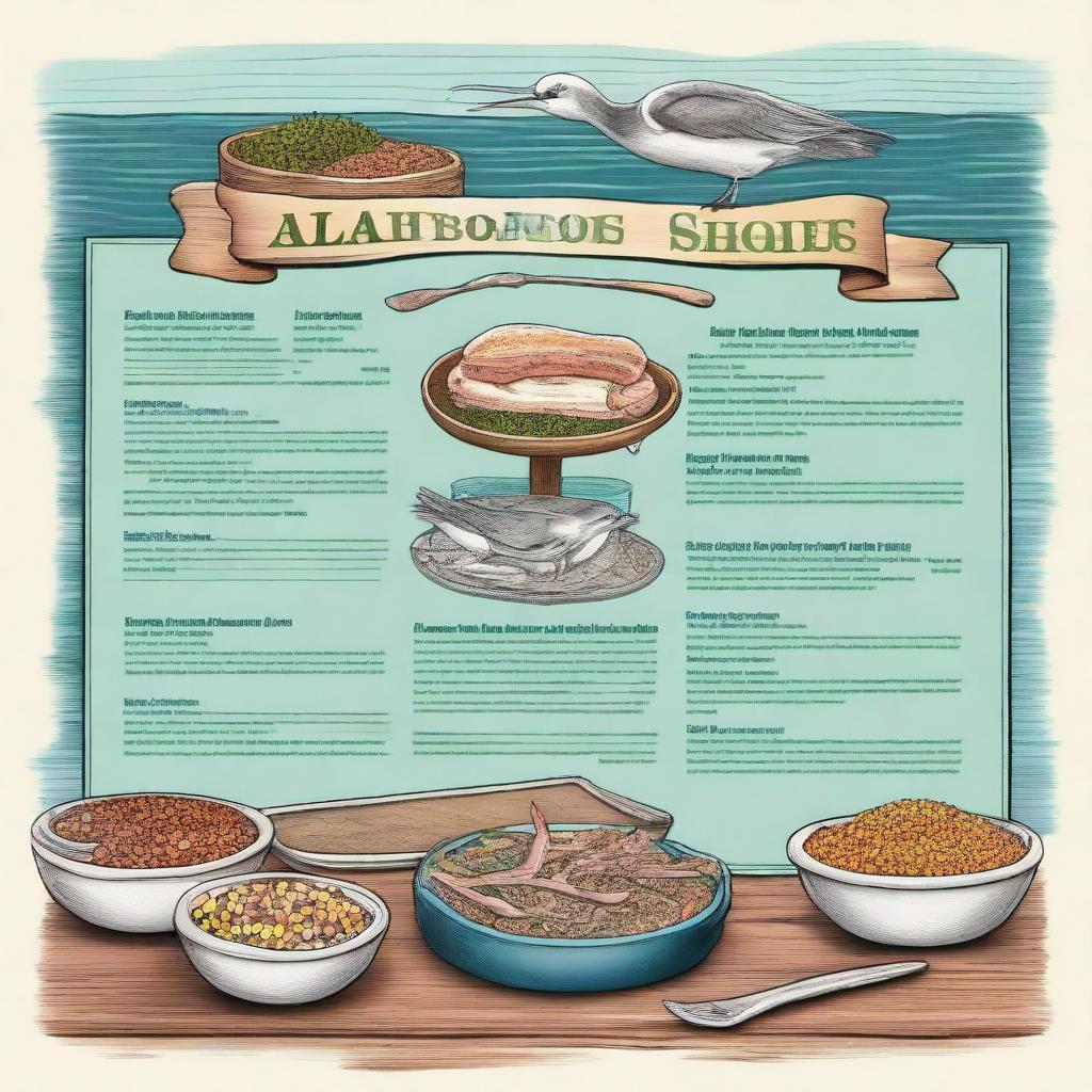 An image of a high-quality, detailed digital art illustration that depicts a menu of albatross bird food