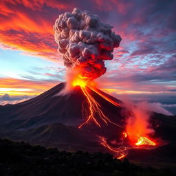 A dramatic and powerful image of Mount Tambora erupting, showcasing a massive ash cloud billowing into a vibrant sky at sunset