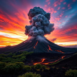 A dramatic and powerful image of Mount Tambora erupting, showcasing a massive ash cloud billowing into a vibrant sky at sunset
