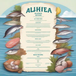 An image of a high-quality, detailed digital art illustration that depicts a menu of albatross bird food