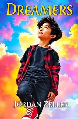 A vibrant book cover featuring a 16-year-old Asian boy with messy black hair and dark brown eyes