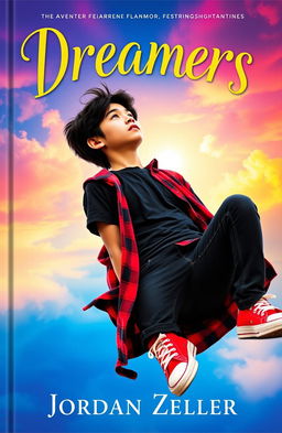 A vibrant book cover featuring a 16-year-old Asian boy with messy black hair and dark brown eyes