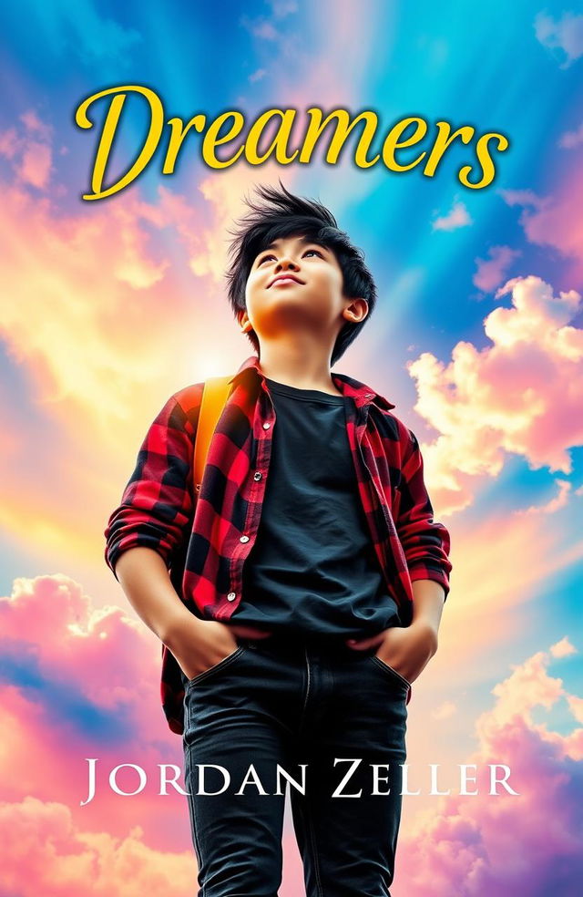 A vibrant book cover featuring a 16-year-old Asian boy with messy black hair and dark brown eyes