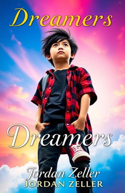 A vibrant book cover featuring a 16-year-old Asian boy with messy black hair and dark brown eyes