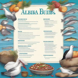 An image of a high-quality, detailed digital art illustration that depicts a menu of albatross bird food