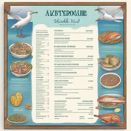 An image of a high-quality, detailed digital art illustration that depicts a menu of albatross bird food