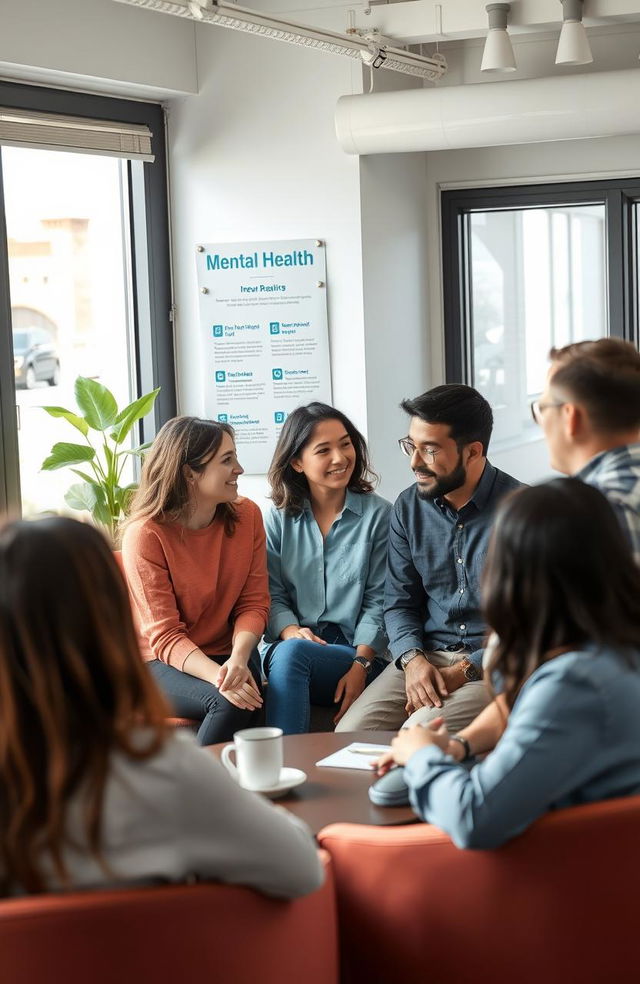 A modern office environment focused on mental health first aid in the workplace