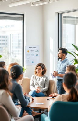 A modern office environment focused on mental health first aid in the workplace