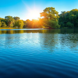 A tranquil and reflective scene focusing on the colors azul (blue), verde (green), and dourado (gold)