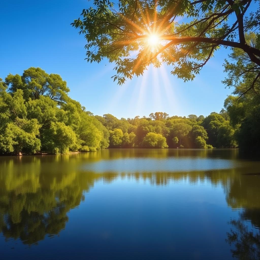 A tranquil and reflective scene focusing on the colors azul (blue), verde (green), and dourado (gold)