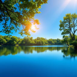 A tranquil and reflective scene focusing on the colors azul (blue), verde (green), and dourado (gold)