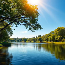 A tranquil and reflective scene focusing on the colors azul (blue), verde (green), and dourado (gold)
