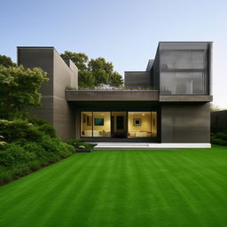 A modern home with sleek architecture, clean lines, and large windows. It should be surrounded by a lush green lawn.