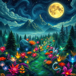 A unique and vibrant fantasy landscape featuring a sprawling enchanted forest with colorful, bioluminescent plants illuminating a small, winding path