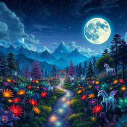 A unique and vibrant fantasy landscape featuring a sprawling enchanted forest with colorful, bioluminescent plants illuminating a small, winding path
