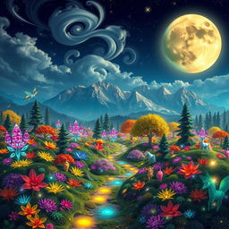 A unique and vibrant fantasy landscape featuring a sprawling enchanted forest with colorful, bioluminescent plants illuminating a small, winding path