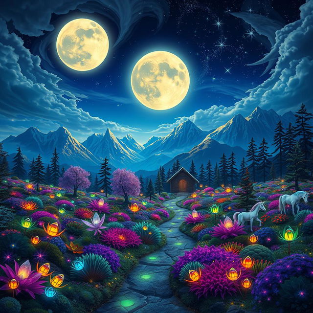 A unique and vibrant fantasy landscape featuring a sprawling enchanted forest with colorful, bioluminescent plants illuminating a small, winding path