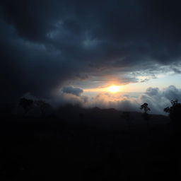 A dramatic landscape featuring darkened skies filled with volcanic ash, creating an ominous atmosphere over the horizon