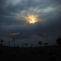 A dramatic landscape featuring darkened skies filled with volcanic ash, creating an ominous atmosphere over the horizon