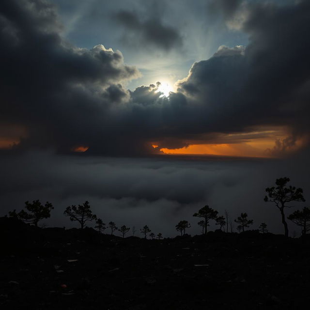 A dramatic landscape featuring darkened skies filled with volcanic ash, creating an ominous atmosphere over the horizon