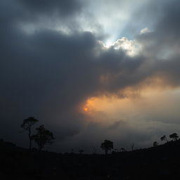 A dramatic landscape featuring darkened skies filled with volcanic ash, creating an ominous atmosphere over the horizon