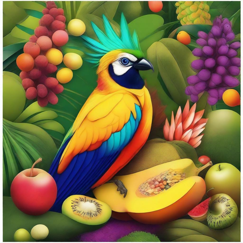 Create a digital art of an exotic bird indulging in a feast of vibrant, delicious fruits