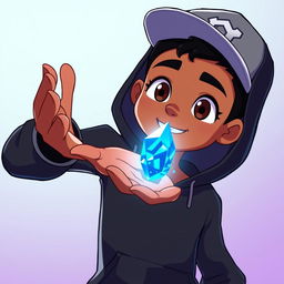 An animated character depicting a young brown man wearing a black hoodie and a cap, standing confidently with one hand raised in front of him