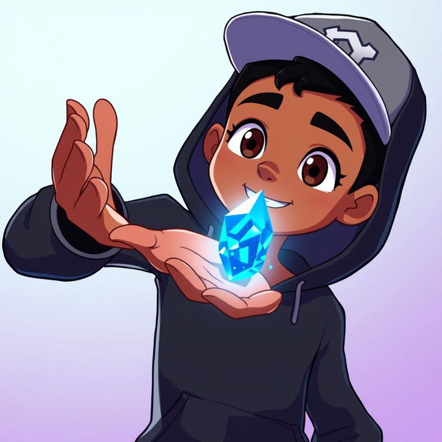 An animated character depicting a young brown man wearing a black hoodie and a cap, standing confidently with one hand raised in front of him