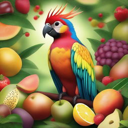 Create a digital art of an exotic bird indulging in a feast of vibrant, delicious fruits