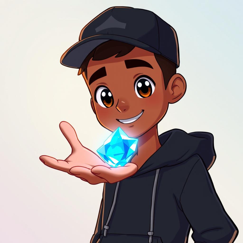 An animated character depicting a young brown man wearing a black hoodie and a cap, standing confidently with one hand raised in front of him