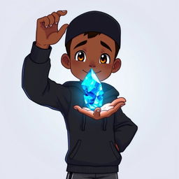 An animated character depicting a young brown man wearing a black hoodie and a cap, standing confidently with one hand raised in front of him