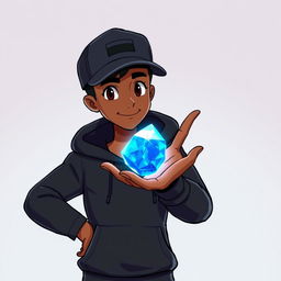 An animated character depicting a young brown man wearing a black hoodie and a cap, standing confidently with one hand raised in front of him