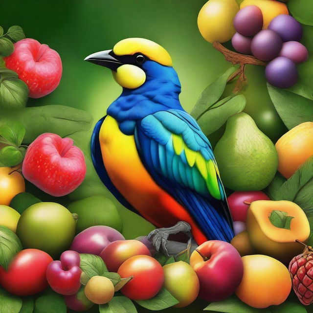 Create a digital art of an exotic bird indulging in a feast of vibrant, delicious fruits