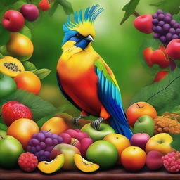 Create a digital art of an exotic bird indulging in a feast of vibrant, delicious fruits