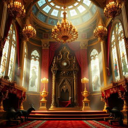 A grand royal throne room, richly decorated with intricate tapestries, ornate chandeliers, and majestic columns
