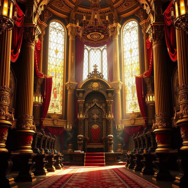 A grand royal throne room, richly decorated with intricate tapestries, ornate chandeliers, and majestic columns